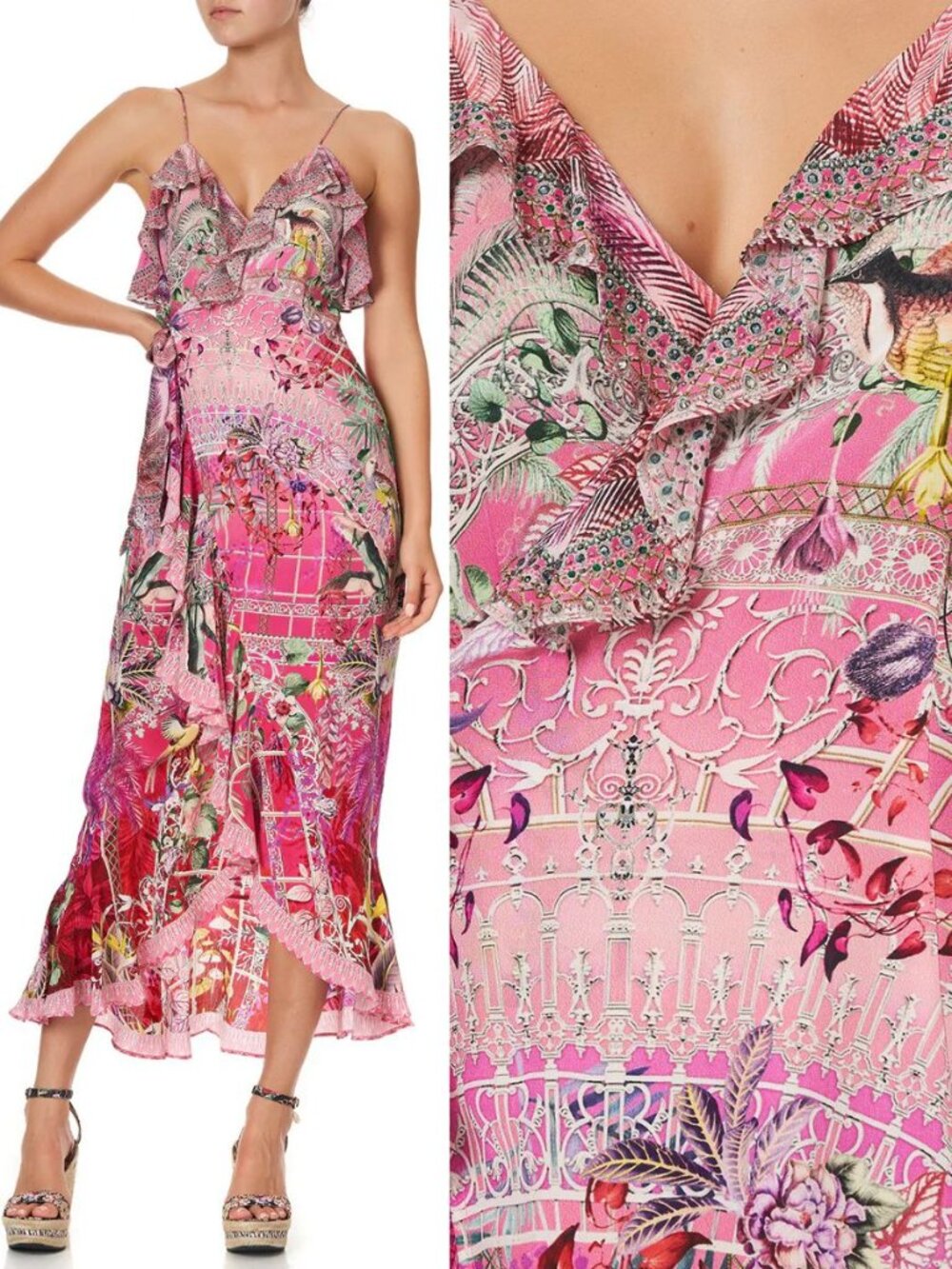 Camilla Long Wrap‎ Midi Dress Glasshouse Romance Pink Frill Rhinestone Size XXS - Picture 12 of 13